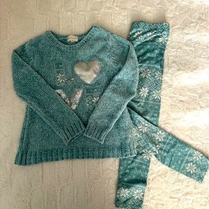 Girls teal snowflake “Love” sweater set.